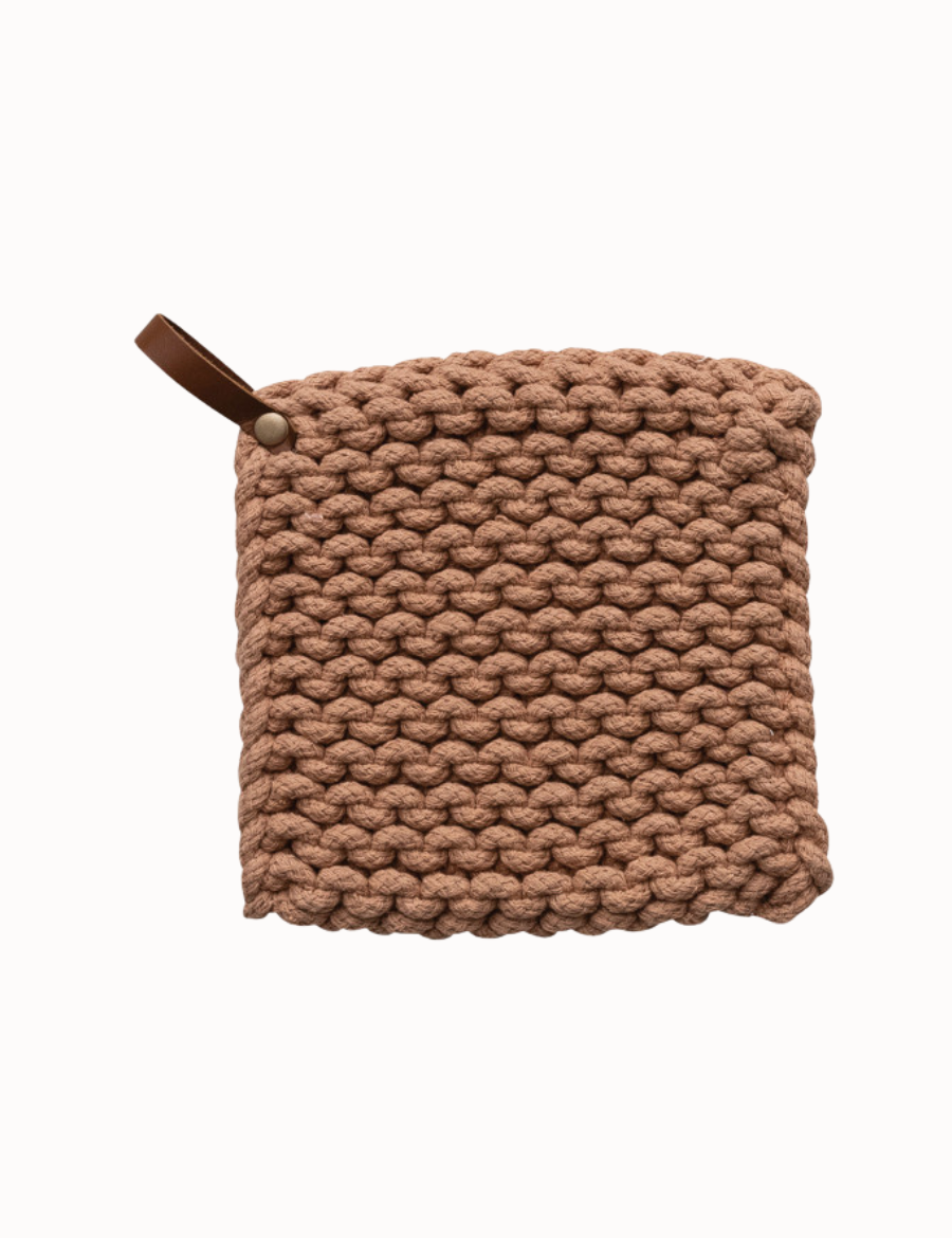 Cotton Crocheted Pot Holder w/ Leather Loop