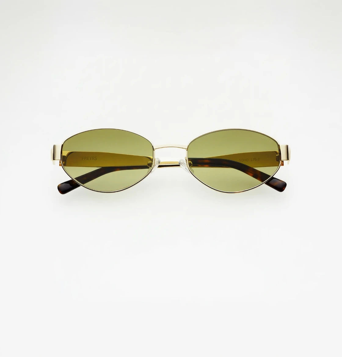Gold-framed sunglasses with green lenses on a white background
