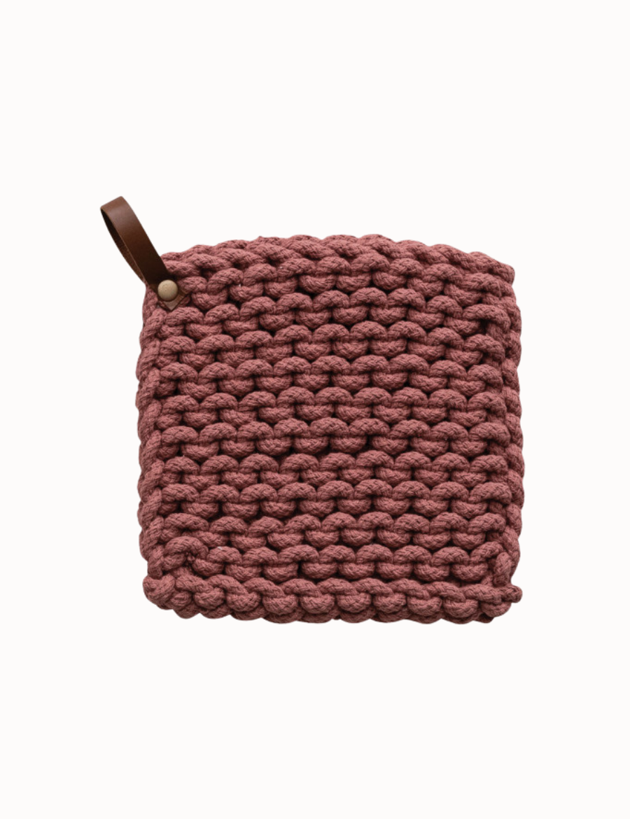 Cotton Crocheted Pot Holder w/ Leather Loop