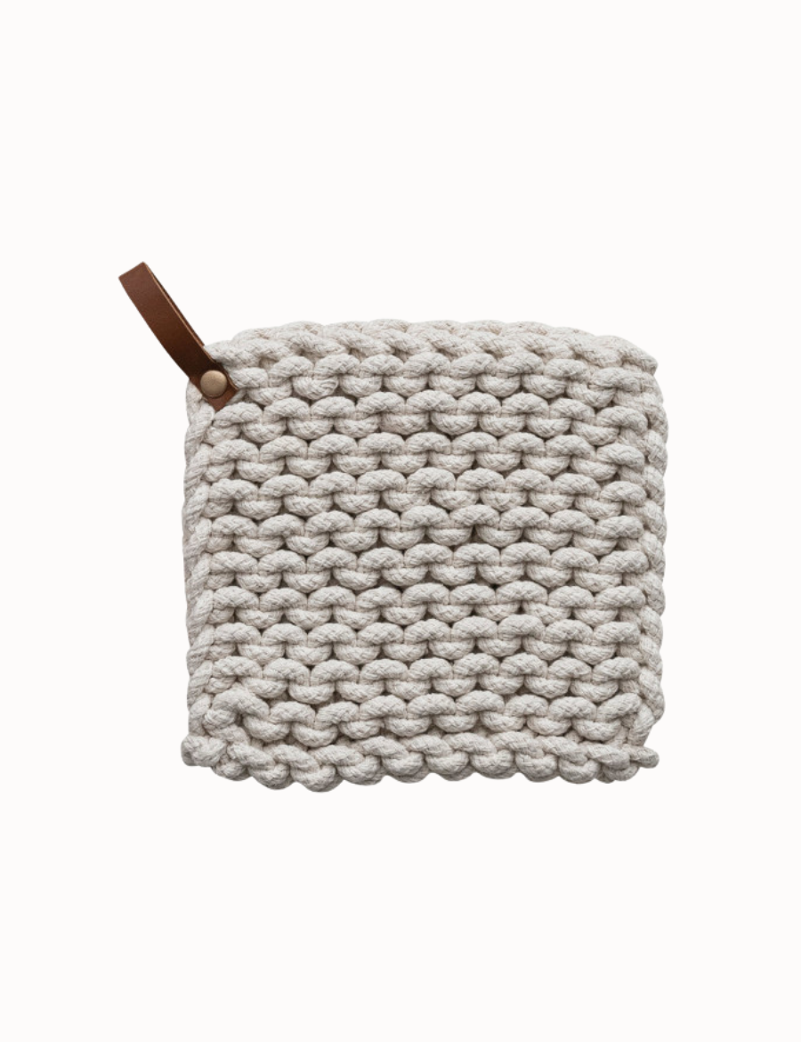 Cotton Crocheted Pot Holder w/ Leather Loop