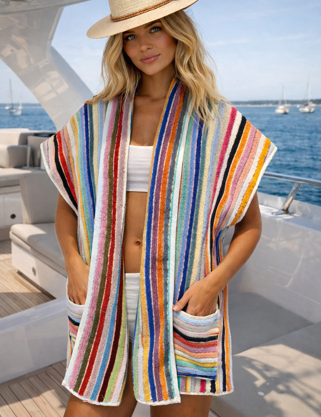 Sleeveless Terry Beach Towel Blazer in Pom Pom Green & Orange