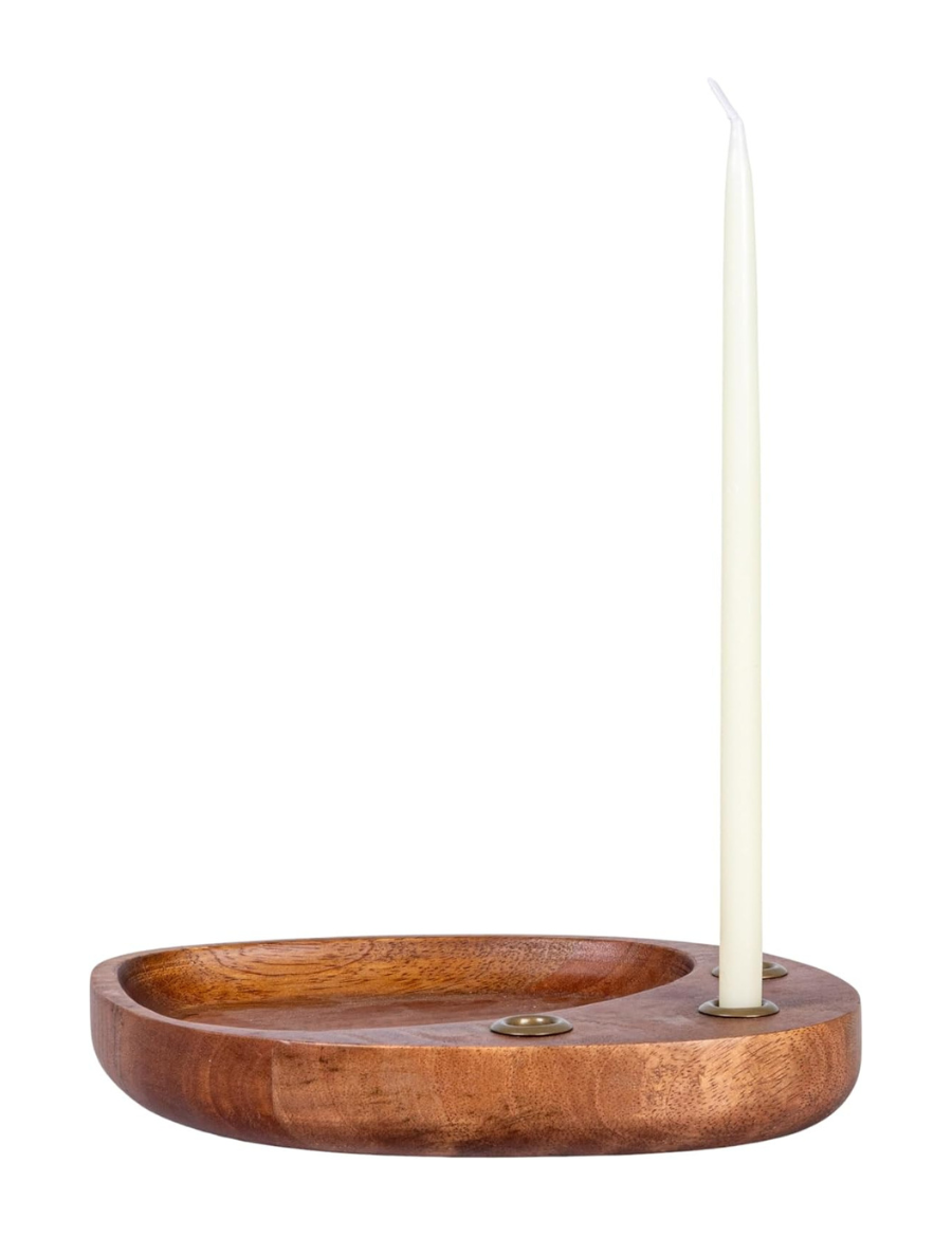 Mango Wood & Metal Taper Holder with Tray