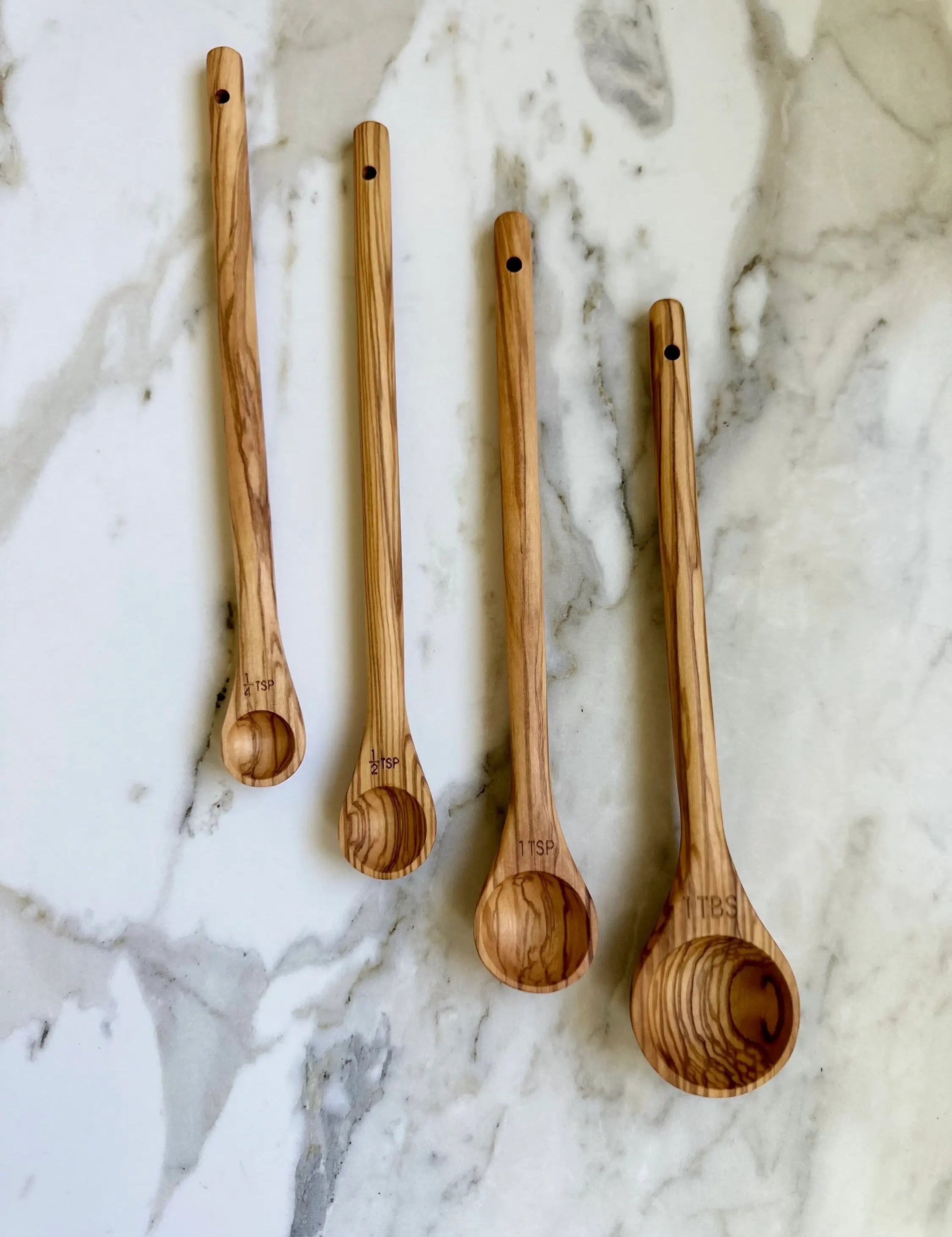 Handcrafted Olive Wood Long Handle Measuring Spoons Set