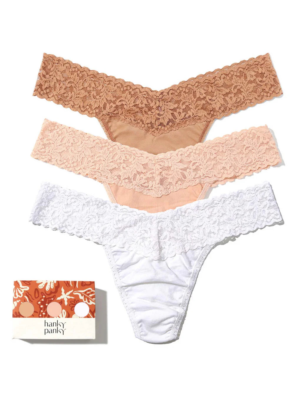 3 Pack Supima Cotton Low Rise Thongs With Lace Golden Sands (Sun Tan, Chai & White)
