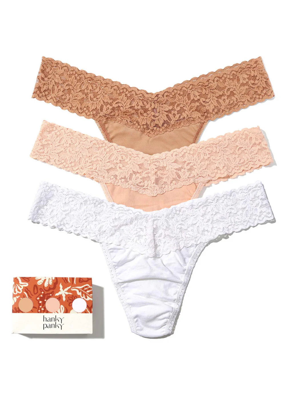 3 Pack Supima Cotton Low Rise Thongs With Lace Golden Sands (Sun Tan, Chai & White)