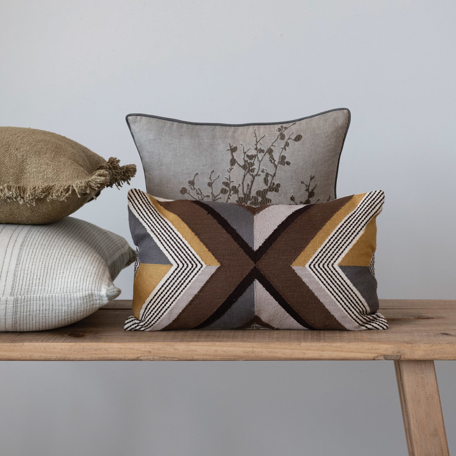 Embroidered Lumbar Pillow w/ Line Design