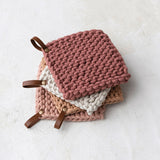Cotton Crocheted Pot Holder w/ Leather Loop