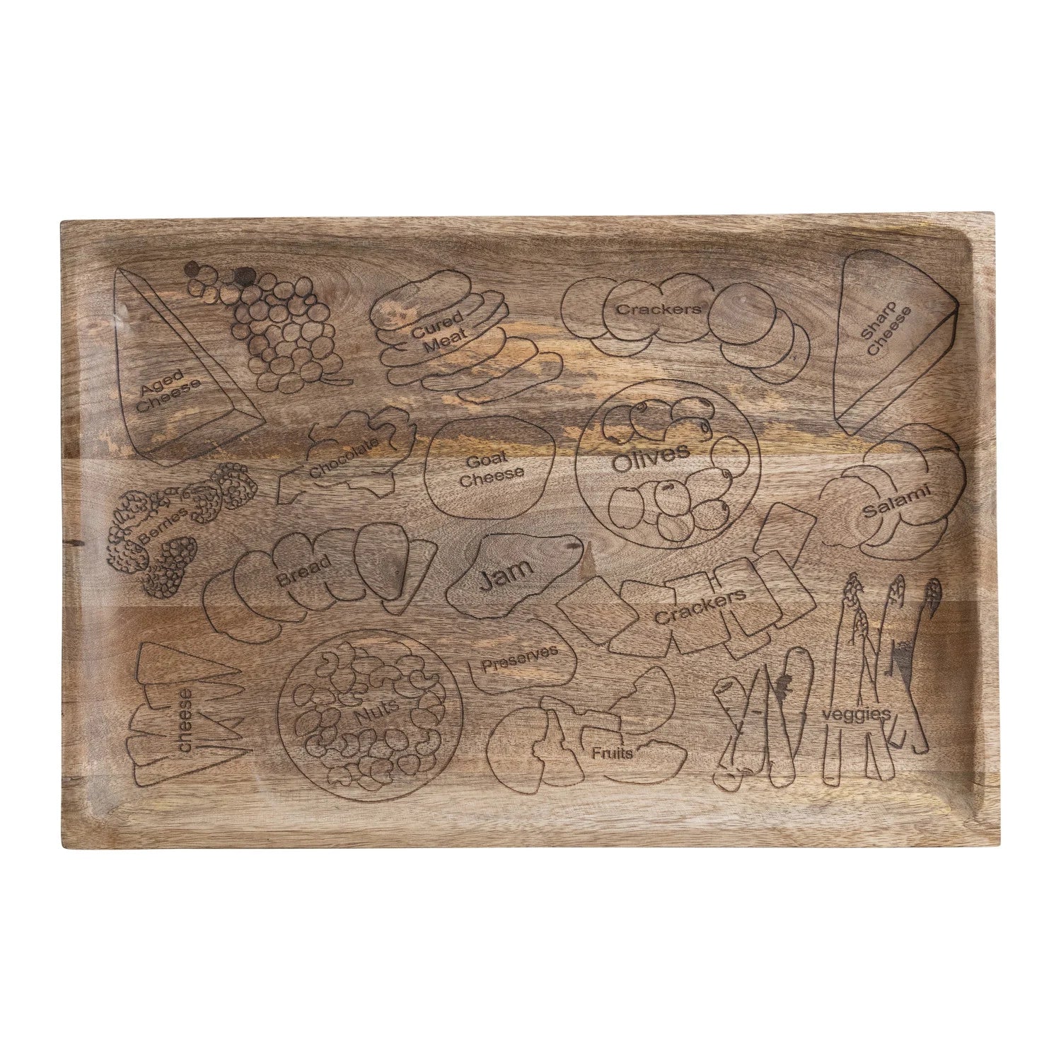 Mango Wood Serving Board with Etched Charcuterie Spread