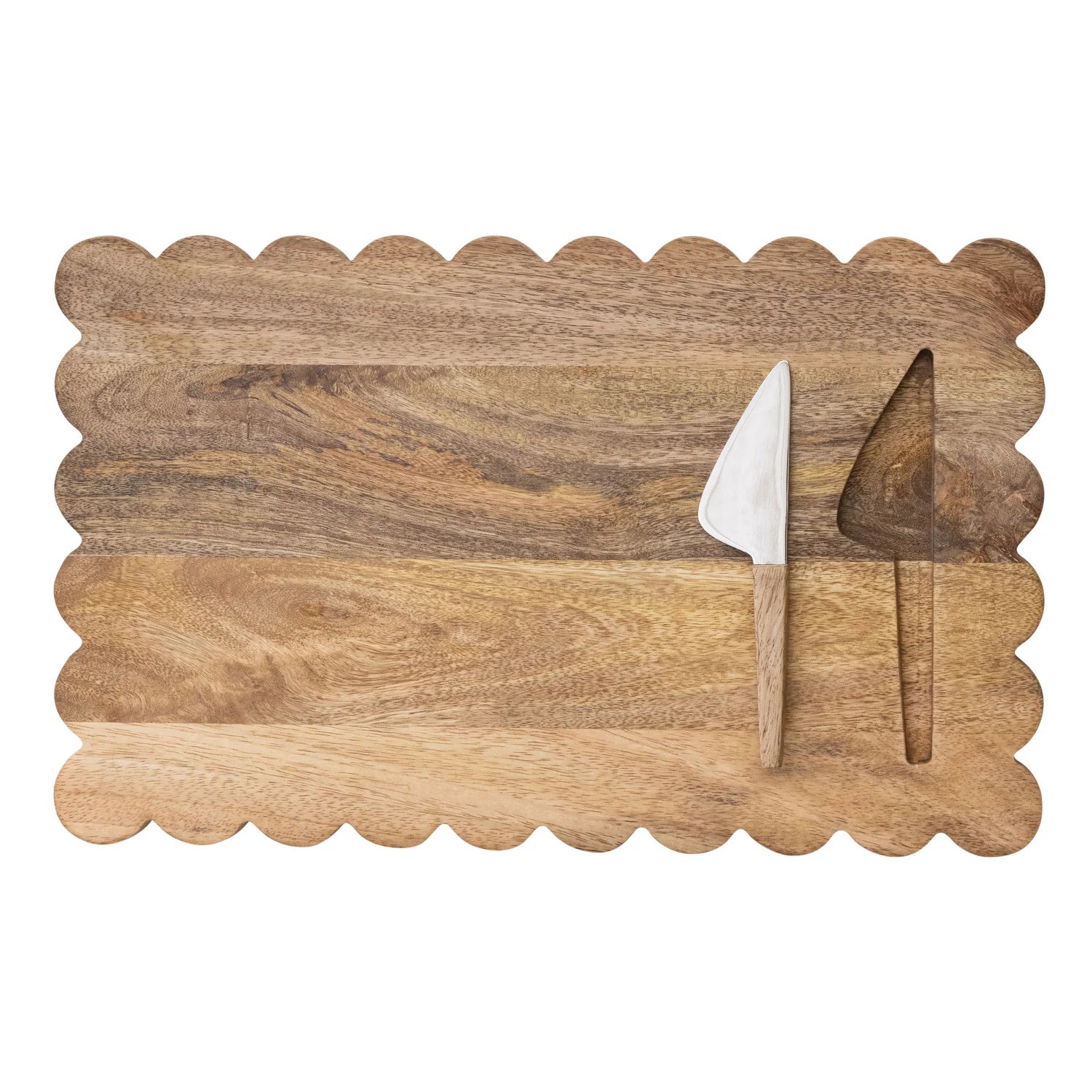 Mango Wood Scalloped Cheese/Serving Board with Stainless Steel Cheese Knife | Set of 2
