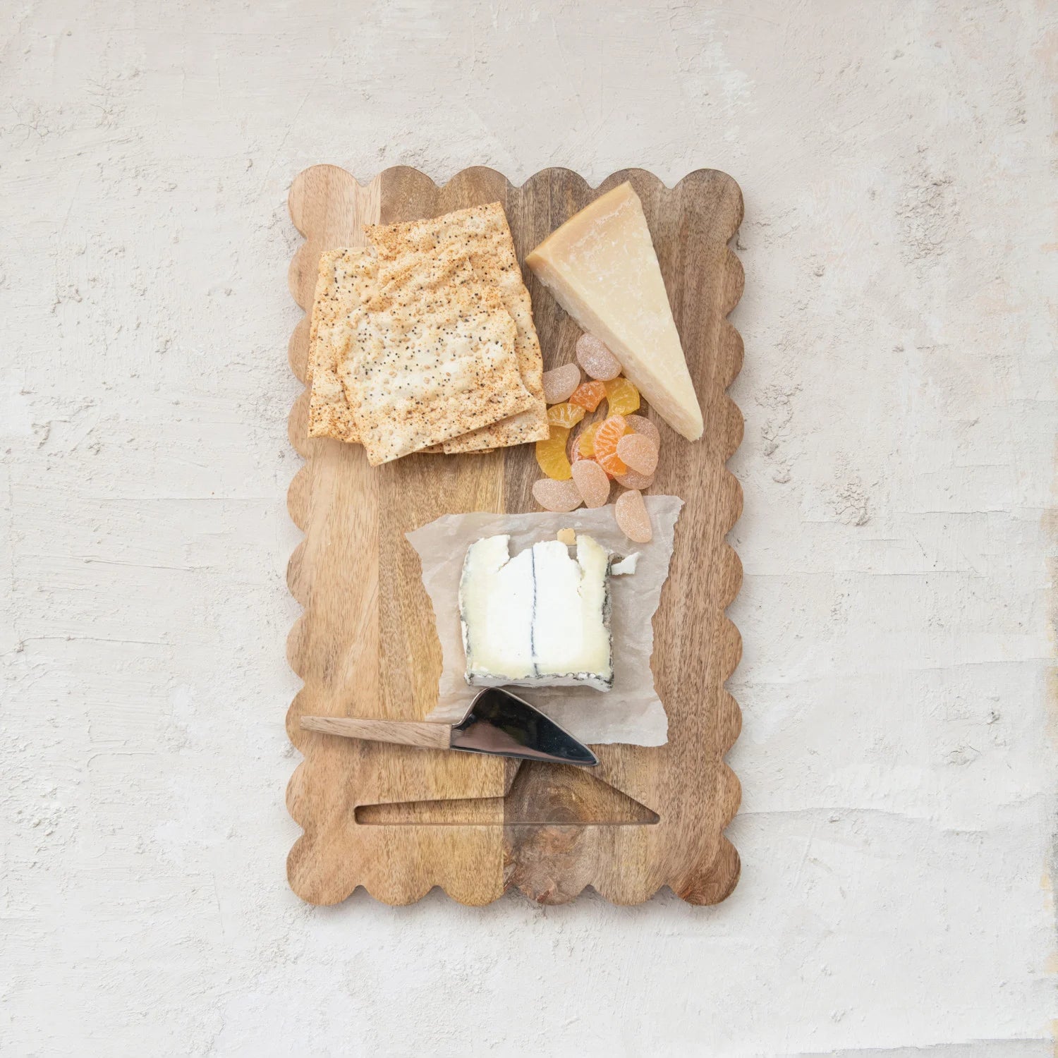 Mango Wood Scalloped Cheese/Serving Board with Stainless Steel Cheese Knife | Set of 2