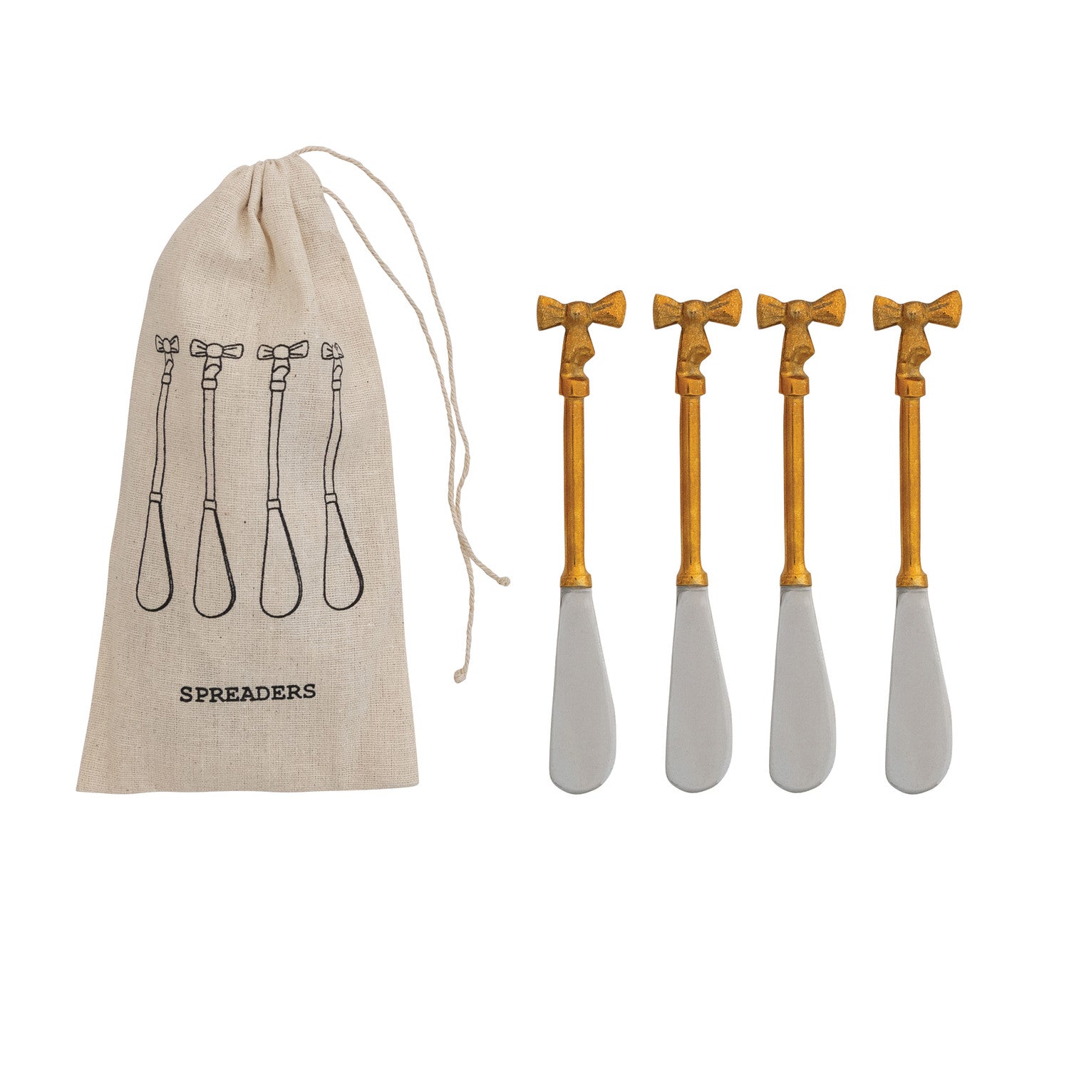 Canape Knives with Gold Finish Bow Handles, Set of 4 in Drawstring Bag